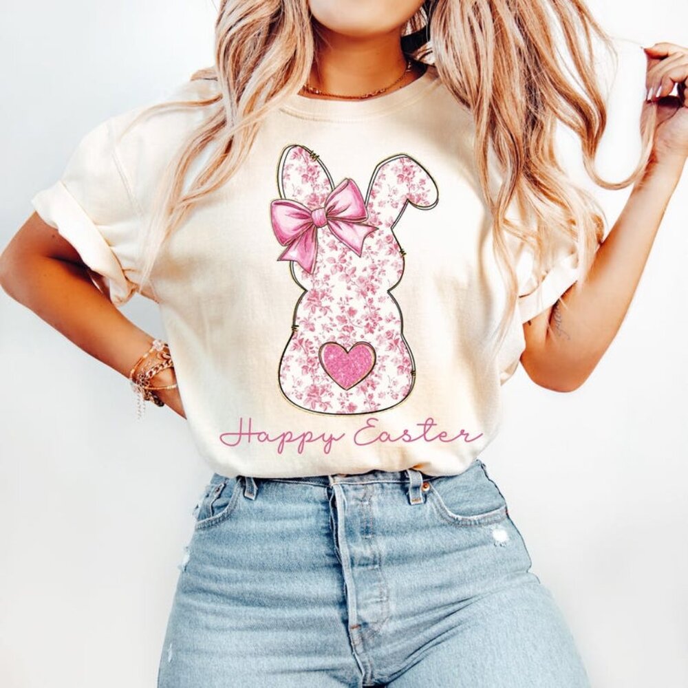Pink Floral Chinoiserie Bunny Tee, Easter Rabbit Tee